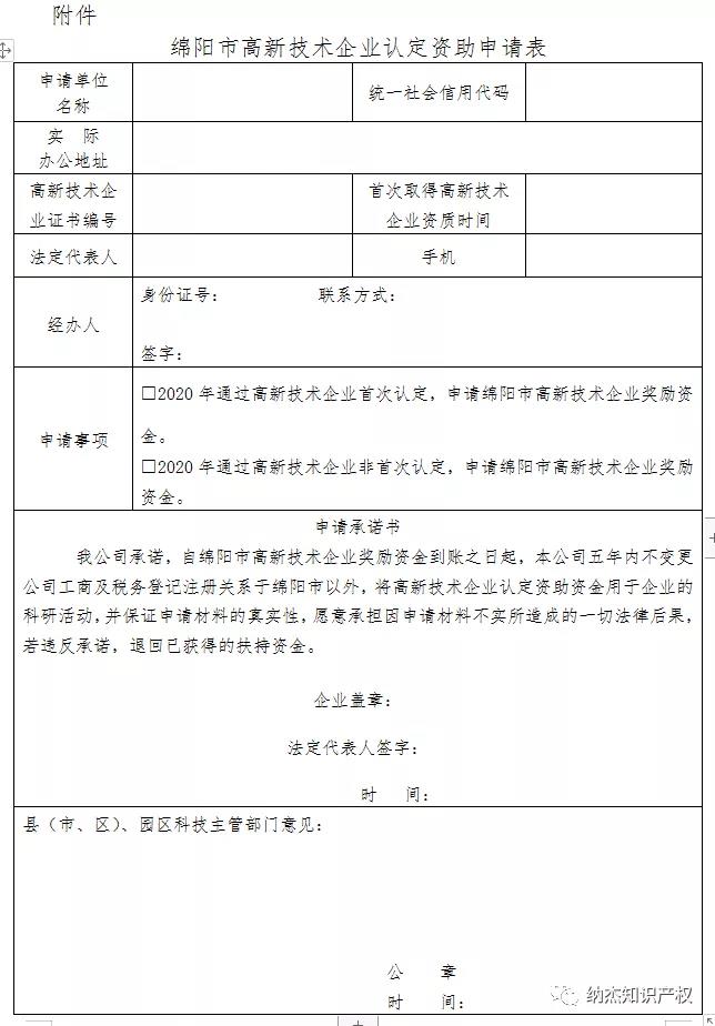 绵阳市高新技术企业认定资助申请表